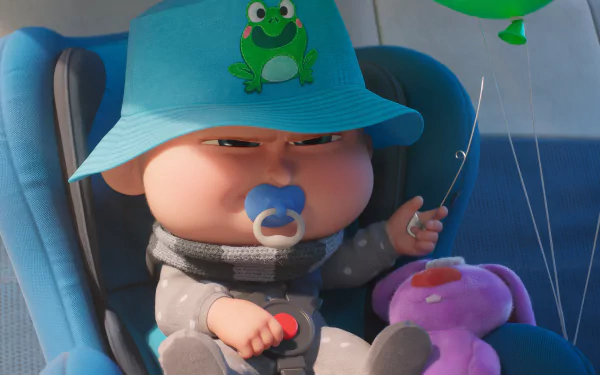HD wallpaper featuring a baby character in a car seat from the movie Despicable Me 4, wearing a blue hat with a frog illustration, holding a green balloon, with a pacifier and a pink stuffed toy.
