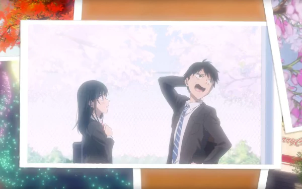 HD anime wallpaper depicting a scene from Pseudo Harem, with a boy and girl in school uniforms engaging in an expressive conversation against a backdrop of cherry blossoms.