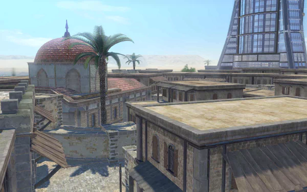 HD wallpaper featuring a cityscape from the video game The Legend of Heroes: Trails through Daybreak, showing detailed architecture with a domed building and palm trees under a clear blue sky.