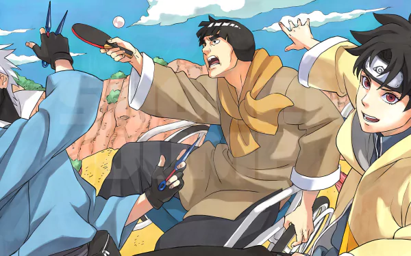 An HD desktop wallpaper featuring Naruto characters Kakashi Hatake and Might Guy in a lighthearted moment, playing table tennis. The vibrant manga-style artwork captures a dynamic and fun scene.