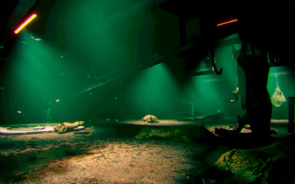 A vibrant desktop wallpaper featuring an HD scene from the video game Murky Divers, showcasing an eerie underwater environment illuminated by greenish lights.