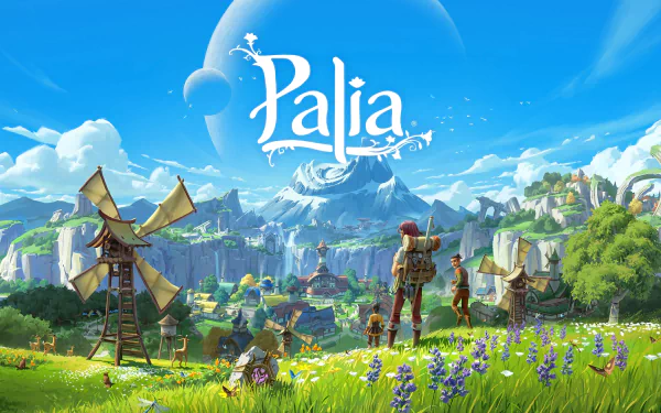 HD desktop wallpaper featuring the video game Palia, showcasing a vibrant, scenic landscape with mountains, windmills, and characters in a fantasy world.