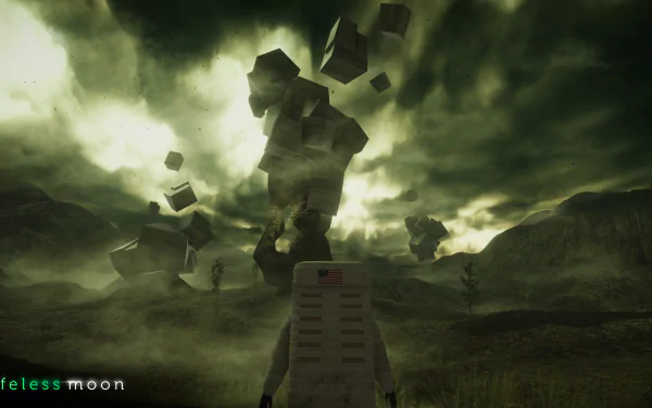 HD desktop wallpaper featuring an astronaut standing on a desolate landscape with dramatic skies and floating geometric rocks, from the video game Lifeless Moon.