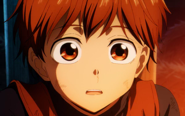 HD desktop wallpaper featuring an anime character from No Longer Allowed in Another World with wide eyes and a surprised expression, framed with vibrant red-brown hair.