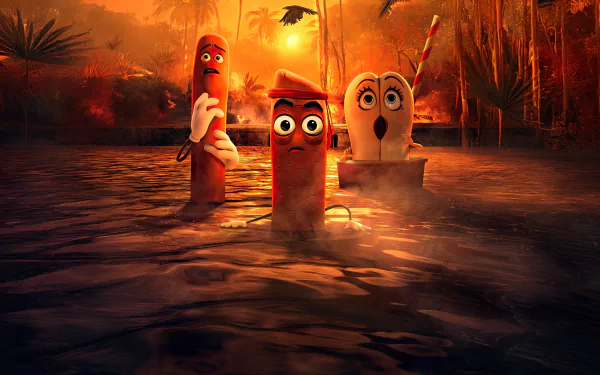 HD desktop wallpaper featuring characters from the TV show Sausage Party: Foodtopia in a tropical setting, with three animated food items displaying various expressions in the water at sunset.
