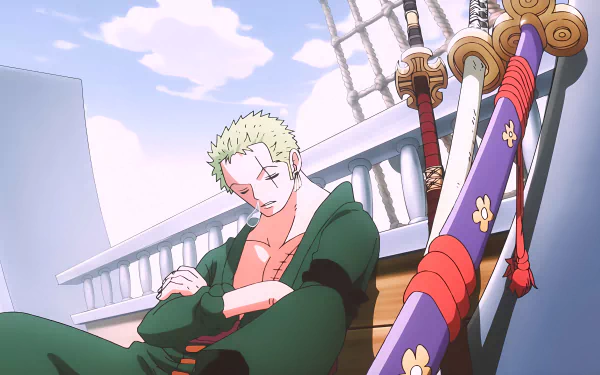 Anime-themed 4K Ultra HD PC wallpaper featuring Roronoa Zoro from One Piece resting on a ship deck with his swords.