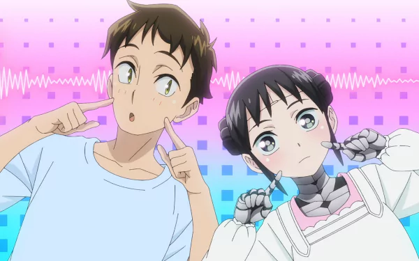 HD anime desktop wallpaper featuring Takuma Kosugi and Mina from My Wife Has No Emotion, with a colorful pixelated background and waveform design.