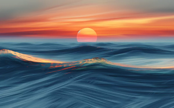 HD desktop wallpaper featuring a breathtaking ocean sunset, with the sun setting over gentle waves, casting vibrant hues of orange and blue across the sky and water.