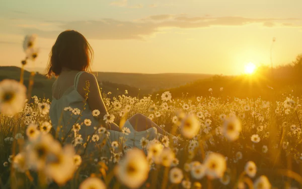 A woman sits in a daisy-filled meadow, gazing at a golden sunset. This HD desktop wallpaper captures a serene summer aesthetic.