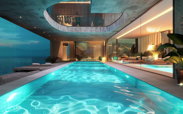HD desktop wallpaper featuring a luxurious modern home with a serene pool illuminated at night, overlooking a tranquil water body.