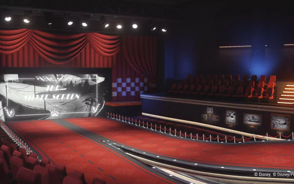 HD desktop wallpaper and background from the video game Disney Speedstorm, featuring a cinematic racing track with red carpet and theater seating.