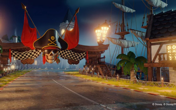 HD desktop wallpaper featuring a vibrant scene from the video game Disney Speedstorm, showcasing a pirate-themed race track with a large skull and crossbones banner and a coastal setting illuminated at night.