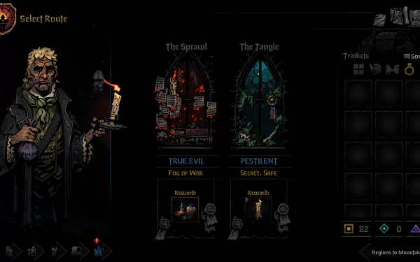 HD desktop wallpaper of Darkest Dungeon II showing character selection screen with route options. The options are The Sprawl and The Tangle, with associated rewards detailed below each path.
