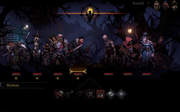 High-definition desktop wallpaper from Darkest Dungeon II, featuring in-game characters standing in a dimly lit, sinister forest environment.