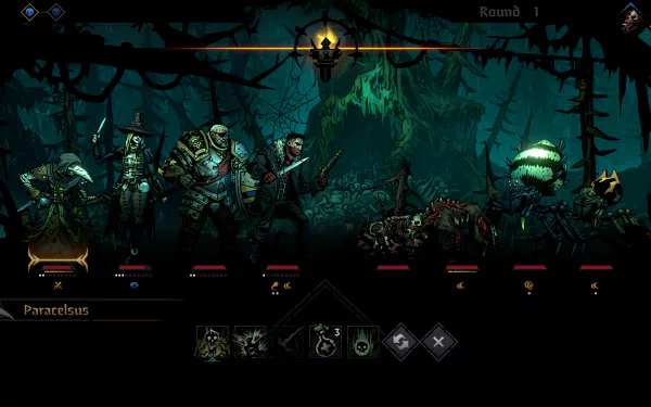 HD wallpaper of Darkest Dungeon II, featuring a battle scene with characters in a dark, eerie forest setting. The interface shows health bars and actions, enhancing the immersive gaming experience.