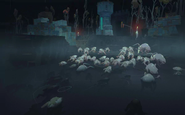 HD desktop wallpaper of the video game Cataclismo, featuring a dark, eerie scene with a large group of white creatures surrounded by a mysterious, foggy landscape and abandoned structures.
