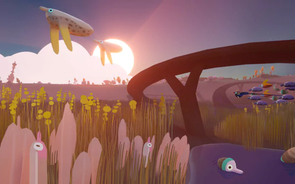 HD desktop wallpaper featuring a serene, whimsical landscape from the video game Flock, showcasing colorful, elongated creatures hovering over a field as the sun sets in the background.