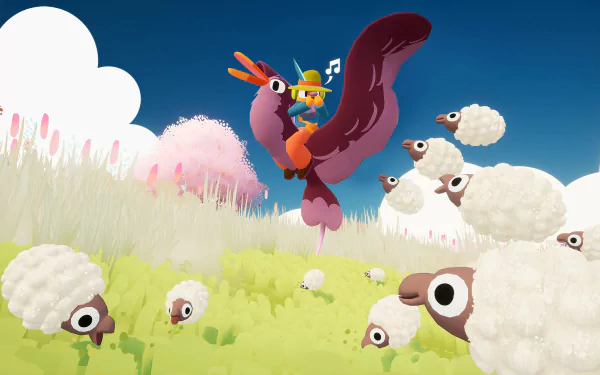 HD desktop wallpaper from the video game Flock, featuring a character riding a large bird in a vibrant, whimsical landscape with fluffy sheep and colorful scenery.