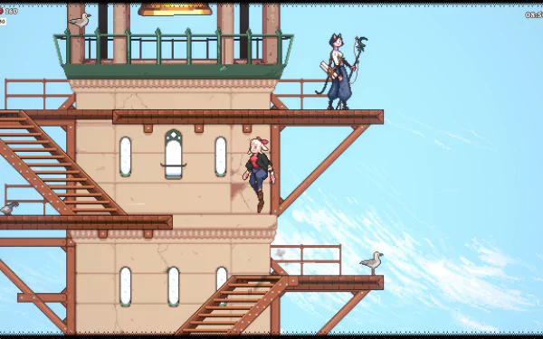HD desktop wallpaper and background from the video game, Magical Delicacy, featuring two characters on a multi-level platform with blue sky and pigeons.