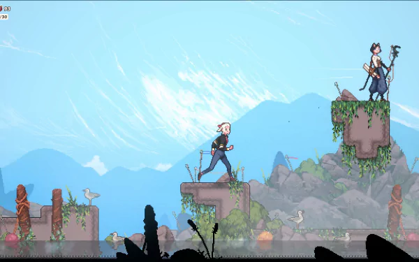 HD desktop wallpaper of the video game Magical Delicacy, featuring a character traversing platforms in a lush, mountainous landscape under a clear blue sky.