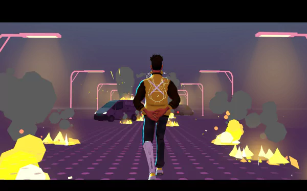 A HD desktop wallpaper and background featuring an action-packed scene from the video game Aerial_Knight's Never Yield, depicting a character running through a futuristic, neon-lit environment with explosions and debris.