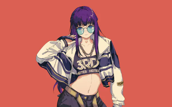 Fern from Frieren: Beyond Journey's End stands confidently with purple hair, sunglasses, and a modern outfit, depicted in a 4K Ultra HD PC desktop wallpaper style.