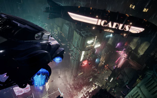 A high-definition desktop wallpaper and background featuring a futuristic cityscape from the video game Nobody Wants to Die with a flying car and an airship labeled Icarus.