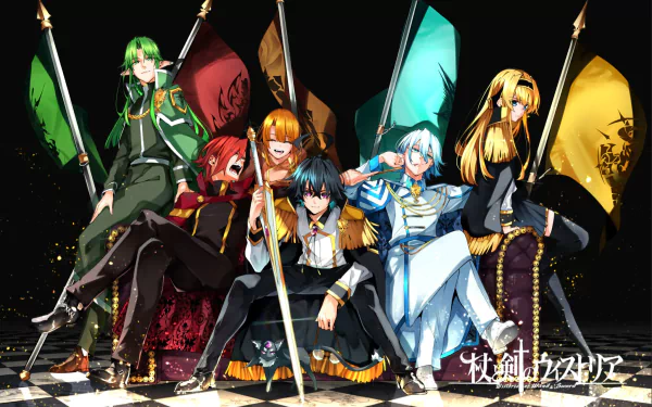 HD PC desktop wallpaper featuring anime characters from Wistoria: Wand and Sword, each holding a flag with distinct colors against a dark background.