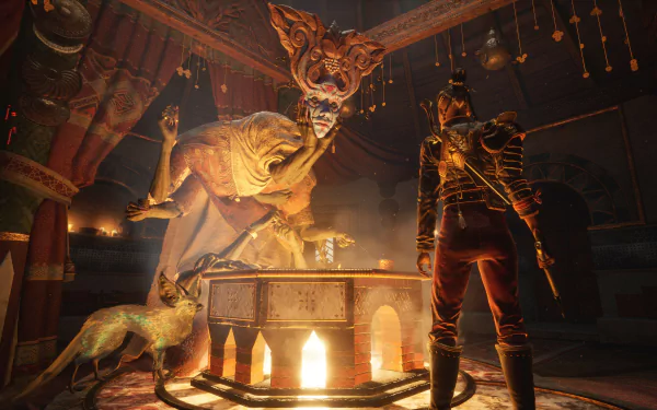 HD desktop wallpaper of Flintlock: The Siege of Dawn video game, featuring a character and a mythical creature in an atmospheric, detailed environment lit by a central glowing altar.