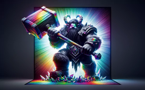 HD desktop wallpaper featuring Trundle from League of Legends, wielding a large, illuminated hammer with vibrant, colorful crystal accents in the background.