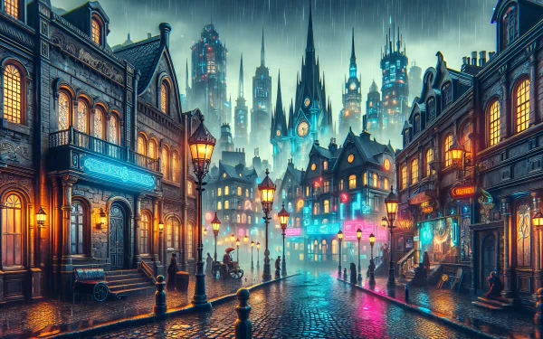 A vibrant HD desktop wallpaper showcasing a rainy, neon-lit Victorian street with towering futuristic buildings in the background.