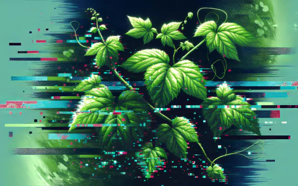 HD desktop wallpaper featuring a vibrant vine with lush green leaves, set against a dynamic, glitchy background.