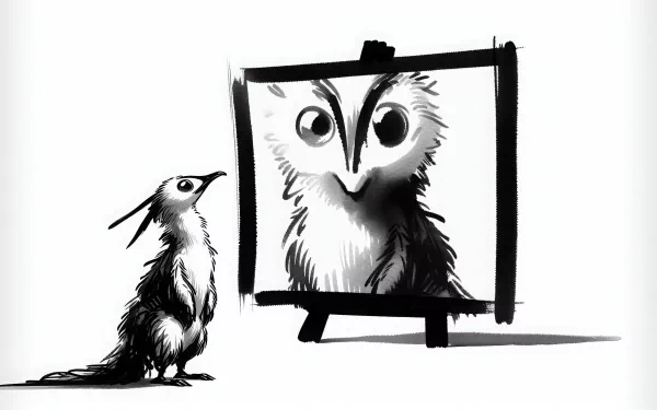 A whimsical black-and-white illustration depicts a curious bird gazing at an oversized, goofy owl in a frame, making it a charming HD desktop wallpaper and background.