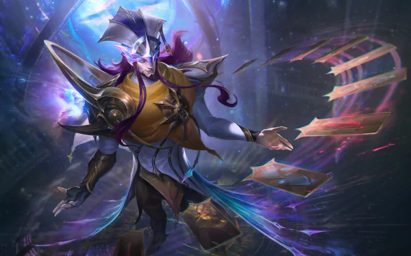 HD desktop wallpaper featuring Twisted Fate from League of Legends, set against a dynamic backdrop. The character is depicted with flowing cards and vivid, mystical lighting.