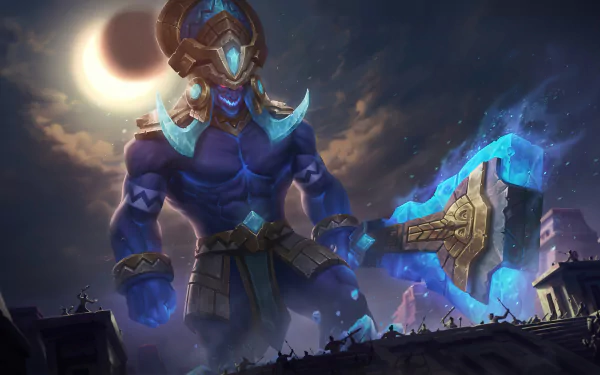 HD desktop wallpaper of Trundle from Legends of Runeterra and League of Legends, showcasing the character in an imposing stance with a glowing blue weapon, set against a dramatic night sky with an eclipsed moon.