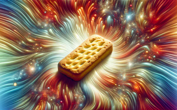 HD desktop wallpaper featuring a biscotti at the center, surrounded by a vibrant and colorful cosmic background.