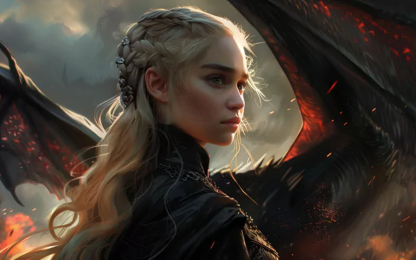 HD desktop wallpaper featuring Emilia Clarke as Daenerys Targaryen from the TV show Game of Thrones, with a dragon in the background and a dramatic sky.