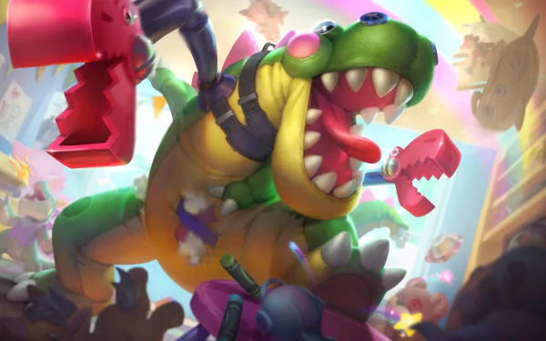 HD desktop wallpaper featuring Cho’gath from League of Legends in a playful, colorful scene with a toy-like aesthetic. The image prominently showcases Cho’gath designed in a whimsical, cartoonish style.