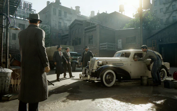 HD wallpaper and background from Mafia: Definitive Edition featuring a vintage car and men in suits in an urban setting.