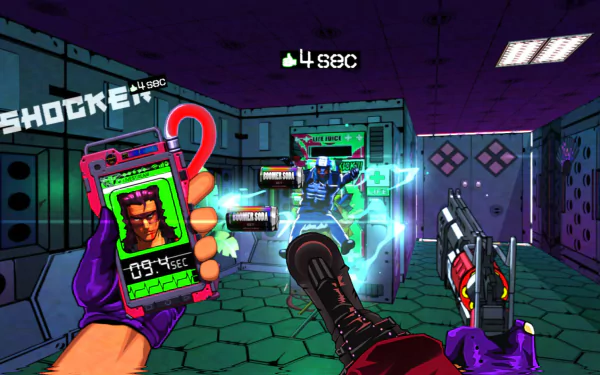 HD desktop wallpaper featuring a colorful, action-packed scene from the video game Mullet MadJack, showcasing intense gameplay with a first-person perspective and vibrant graphics.