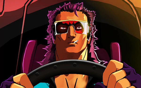 HD desktop wallpaper featuring Mullet MadJack, a character from a video game, gripping a steering wheel, with vibrant colors and intense expression.