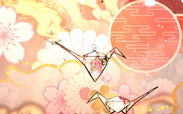 HD desktop wallpaper and background featuring origami cranes in a serene, floral setting from the video game Bo: Path of the Teal Lotus.