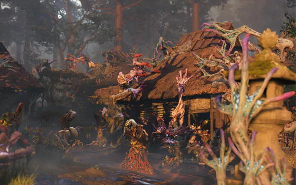 HD desktop wallpaper featuring imagery from the video game Kunitsu-Gami: Path of the Goddess.
