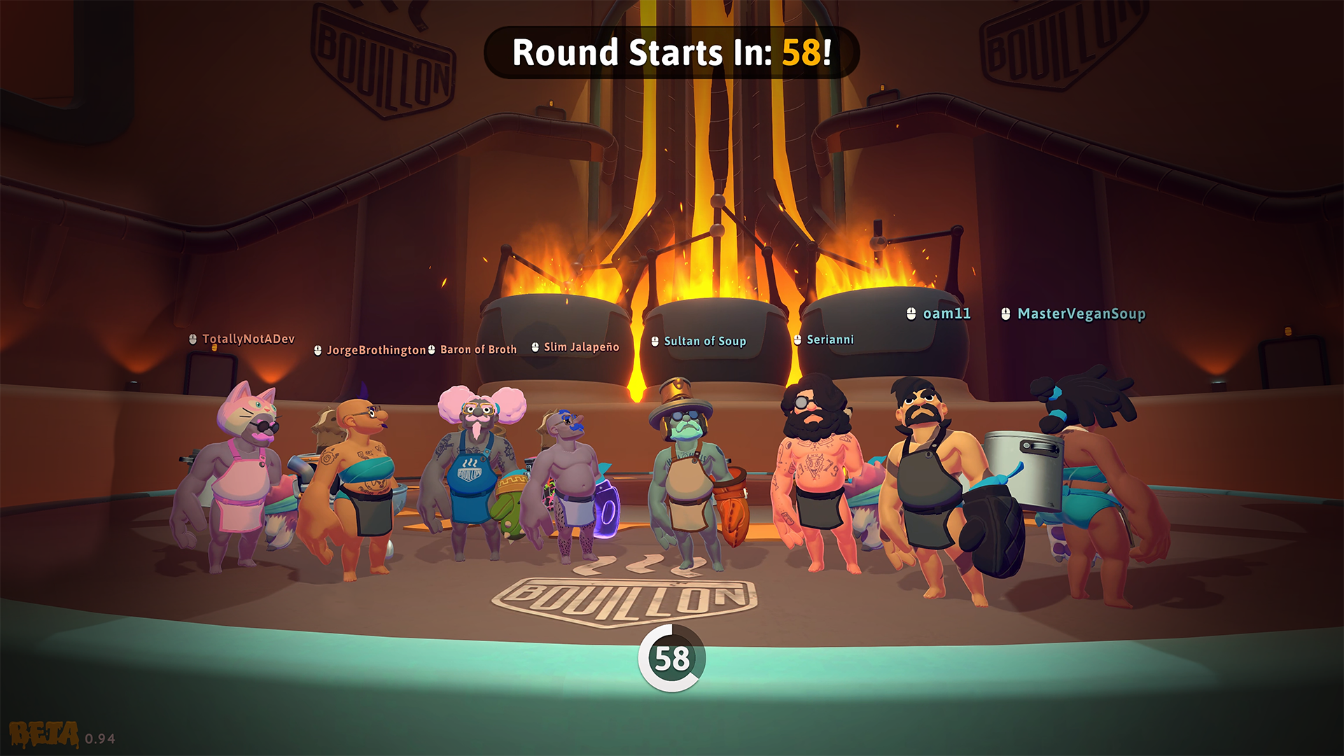 HD desktop wallpaper of RAWMEN: Food Fighter Arena, featuring a group of quirky characters ready for battle with a fiery background and a countdown timer indicating the round starts in 58 seconds.