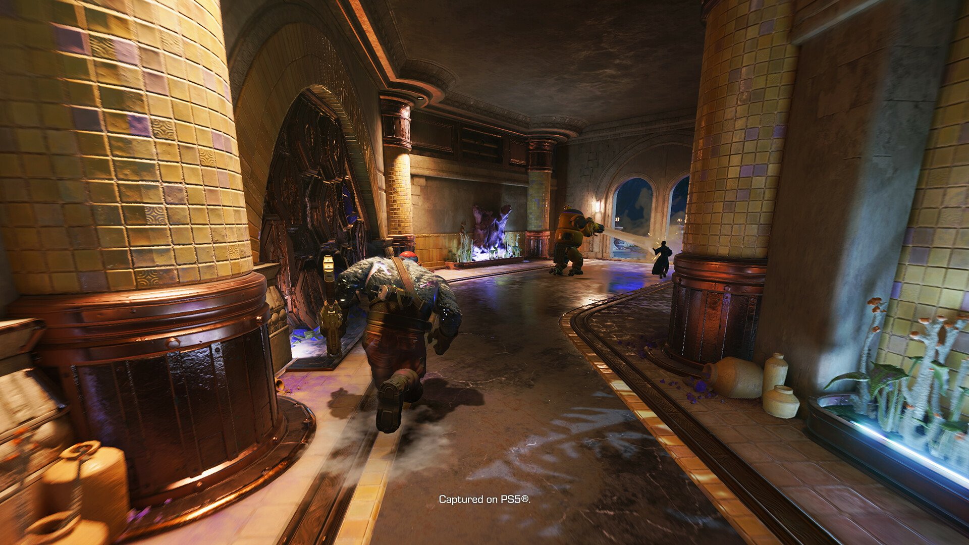 A vibrant HD desktop wallpaper from the video game Concord, featuring a character running through a stylized corridor adorned with colorful lights and intriguing architecture.