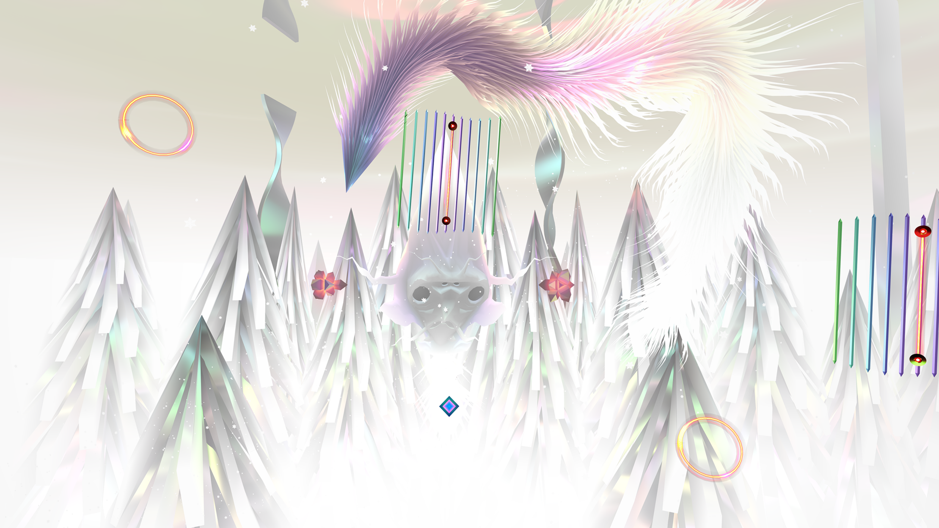 A vibrant HD desktop wallpaper for the video game Thrasher (2024), featuring abstract landscapes with ethereal colors and geometric shapes amidst a surreal, dreamlike atmosphere.