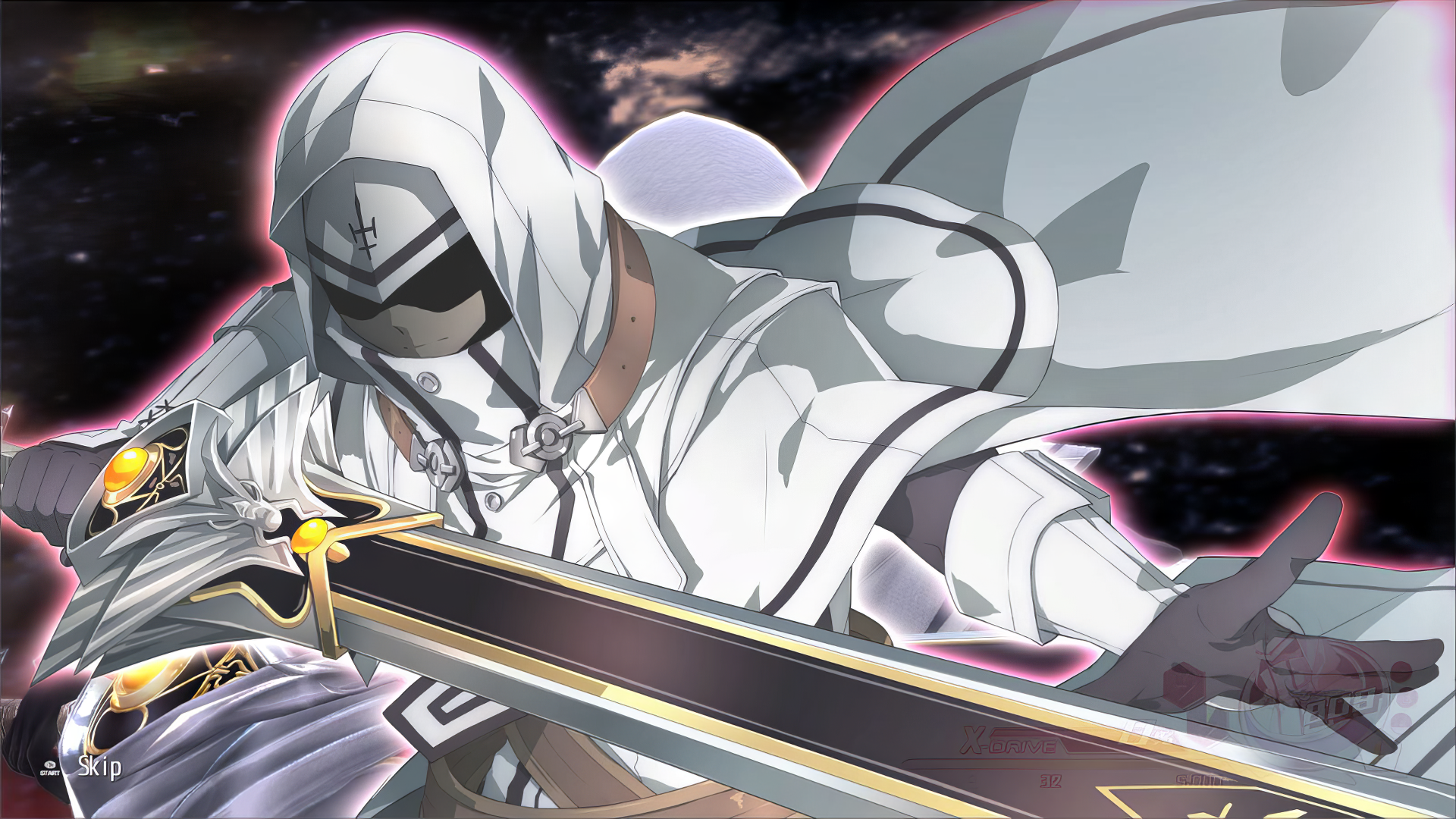 A striking HD wallpaper from Tokyo Xanadu eX+, featuring a cloaked character wielding a sword against a cosmic backdrop, embodying the game's vibrant style and action-packed essence.