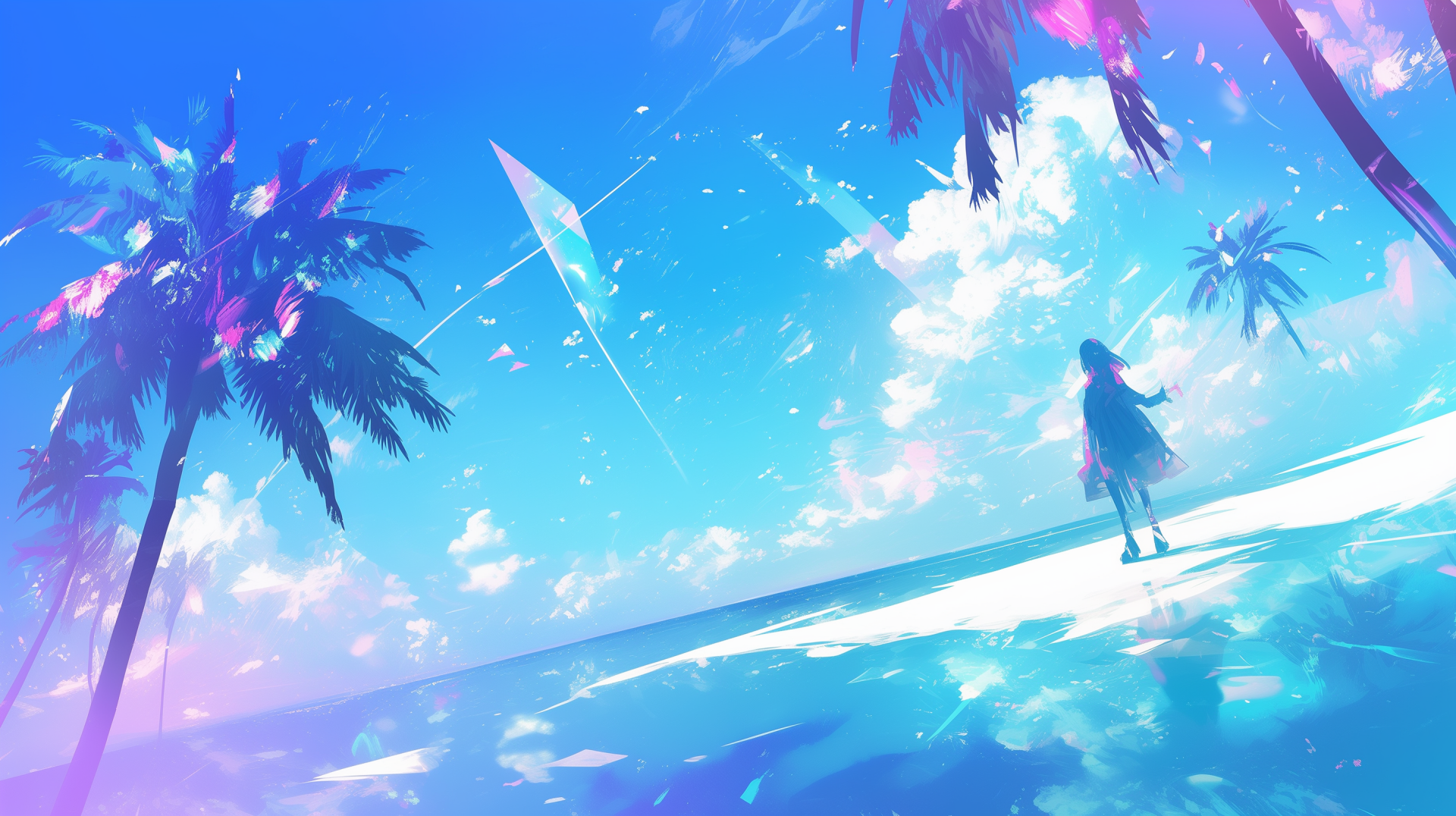 A serene island paradise with vibrant palm trees, a vivid blue sky, and a calm sea, creating a stunning HD desktop wallpaper and background.