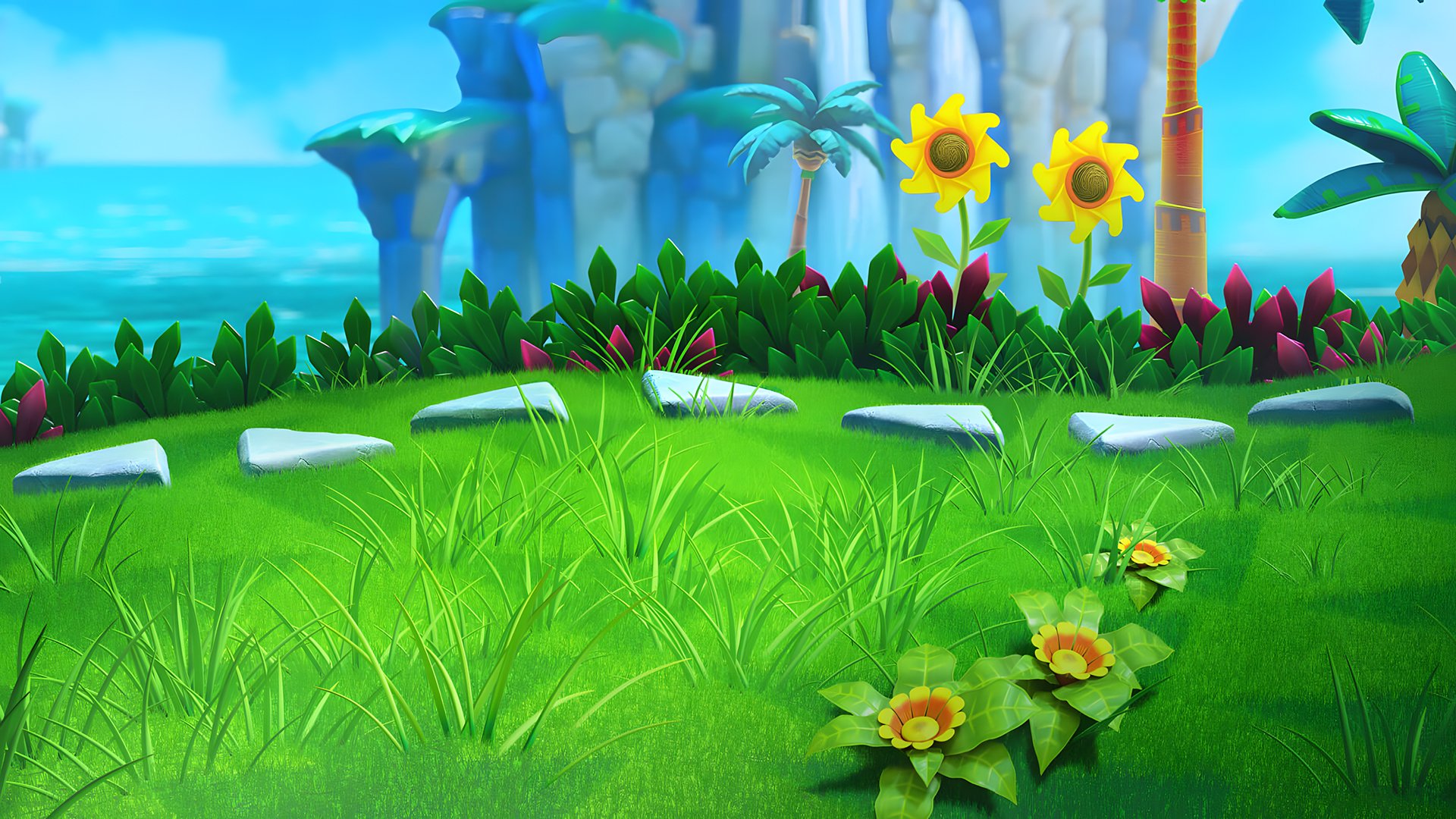 HD PC desktop wallpaper featuring a vibrant grassy landscape from Sonic Superstars, inspired by the Sonic the Hedgehog series with tropical plants and bright flowers.