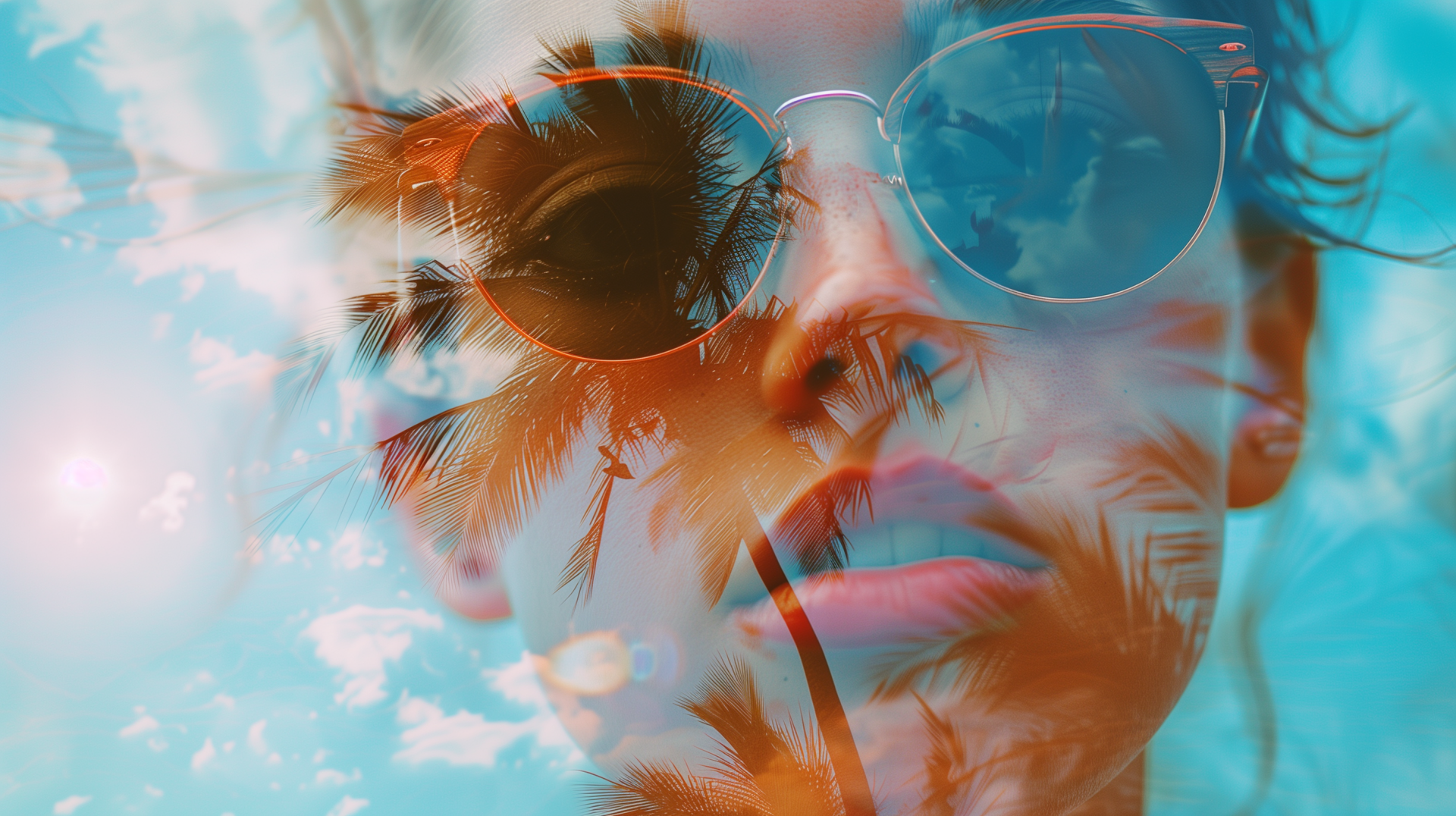 A woman in stylish sunglasses features a vibrant blend of summer vibes with palm trees and a bright blue sky, creating a stunning HD desktop wallpaper.